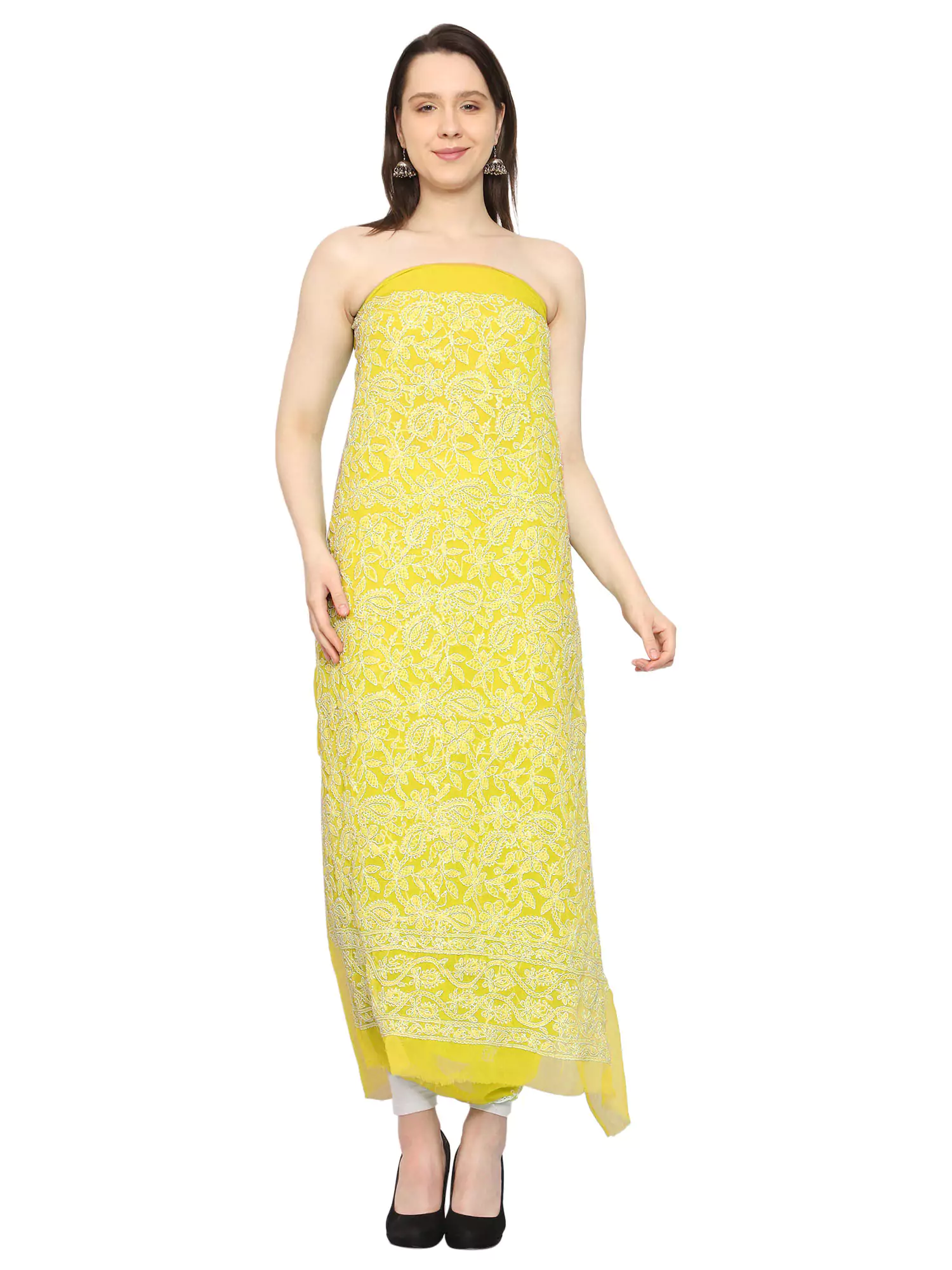 Lavangi Lucknow Chikan Yellow Georgette Front Jaal Unstitched Dress Material for Kurta, Bottom & Dupatta