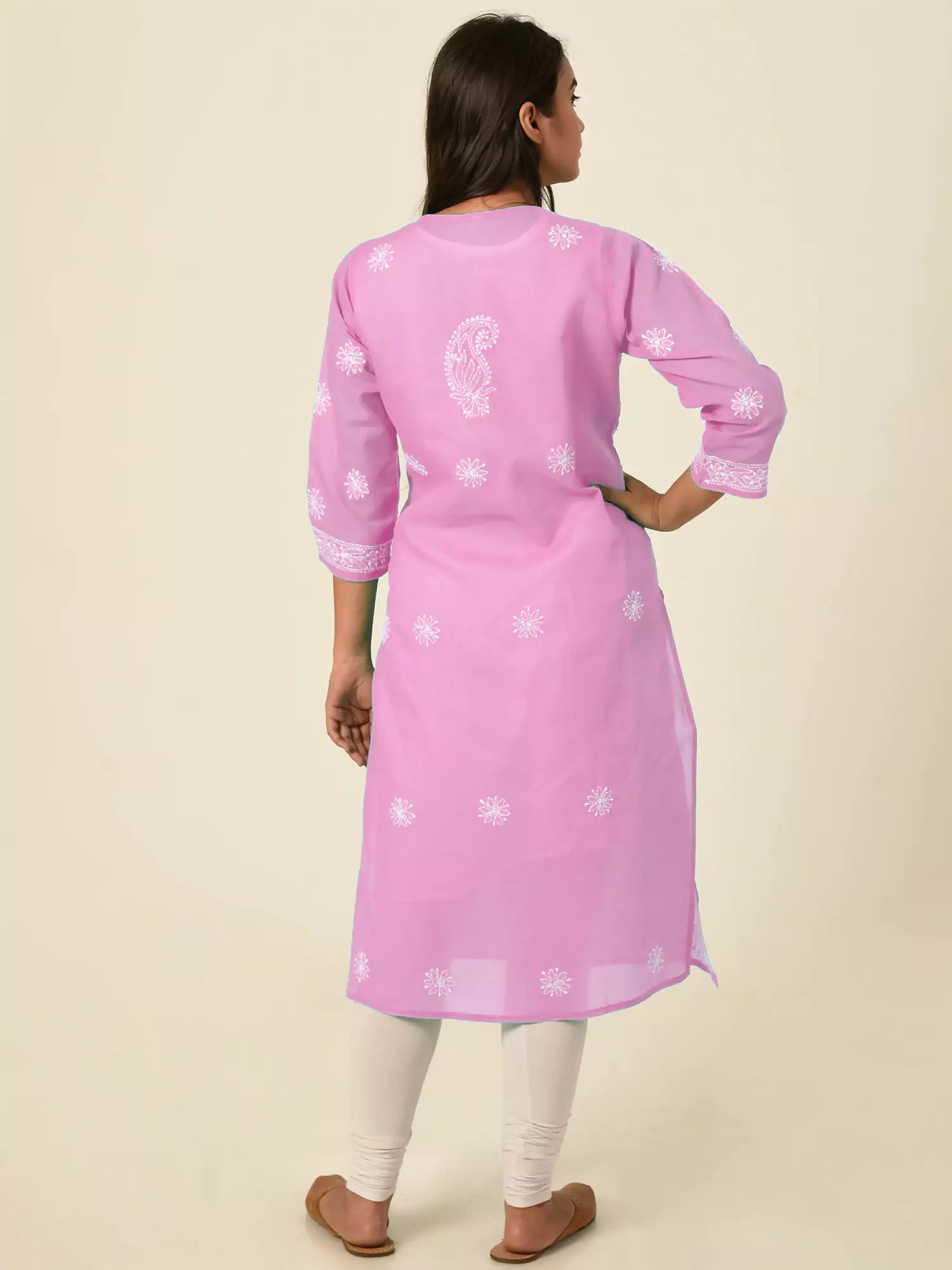 Lavangi Women Lucknow Chikankari Full Jall Baby Pink Cotton Kurti