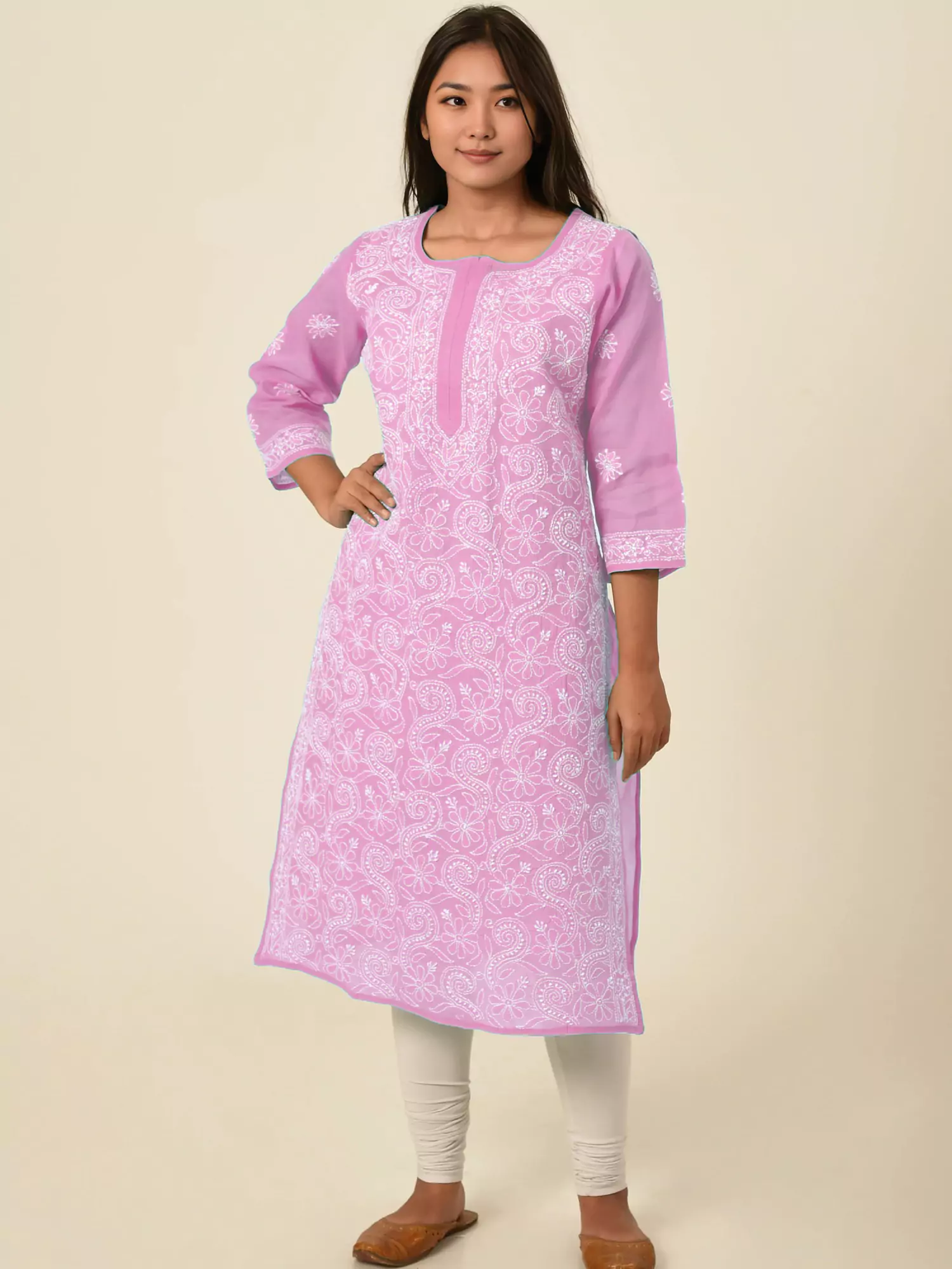 Lavangi Women Lucknow Chikankari Full Jall Baby Pink Cotton Kurti