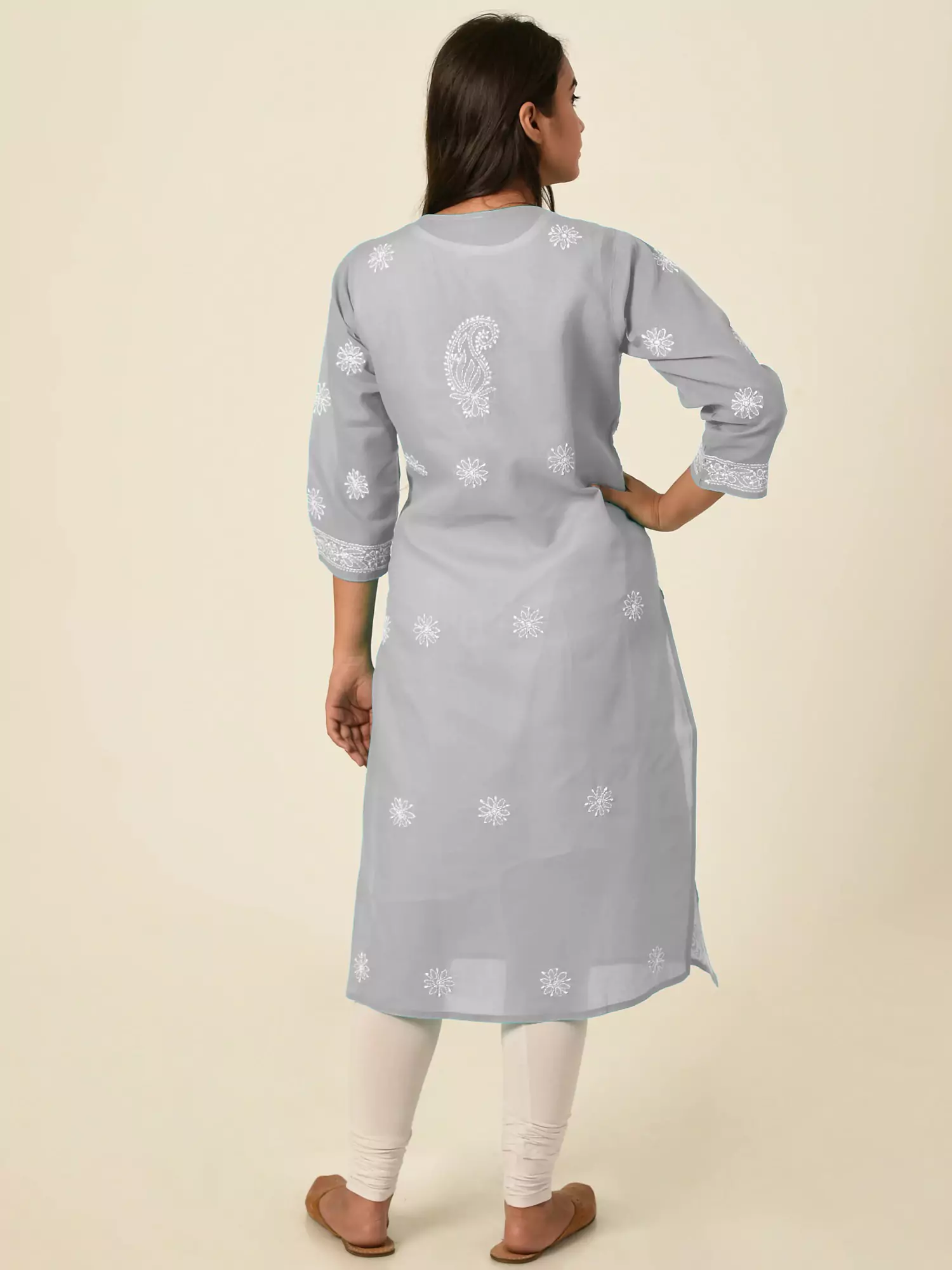 Lavangi Women Lucknow Chikankari Full Jall Grey Cotton Kurti