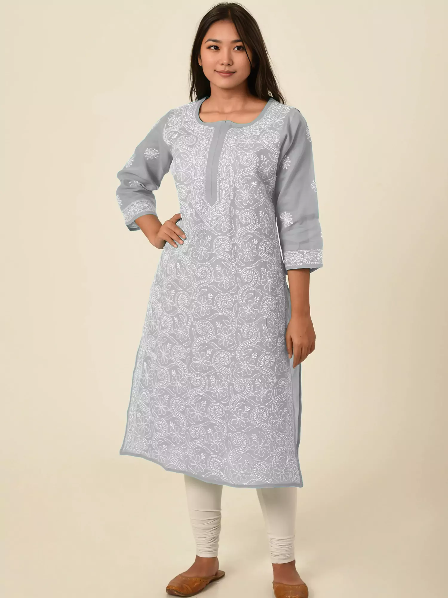 Lavangi Women Lucknow Chikankari Full Jall Grey Cotton Kurti