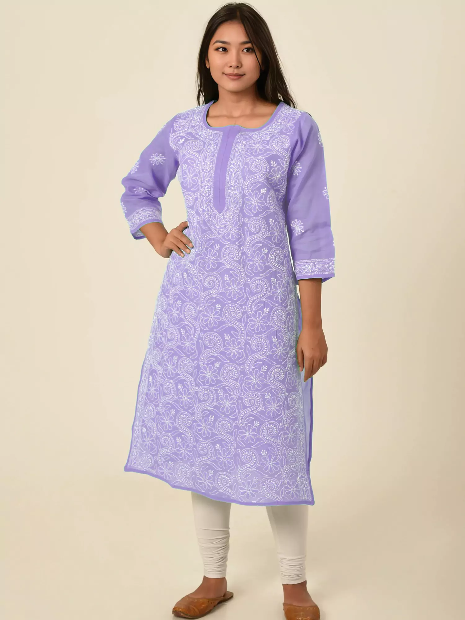 Lavangi Women Lucknow Chikankari Full Jall Mauve Cotton Kurti