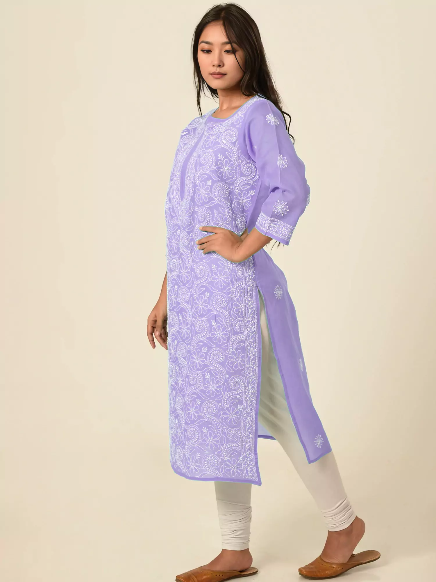 Lavangi Women Lucknow Chikankari Full Jall Mauve Cotton Kurti