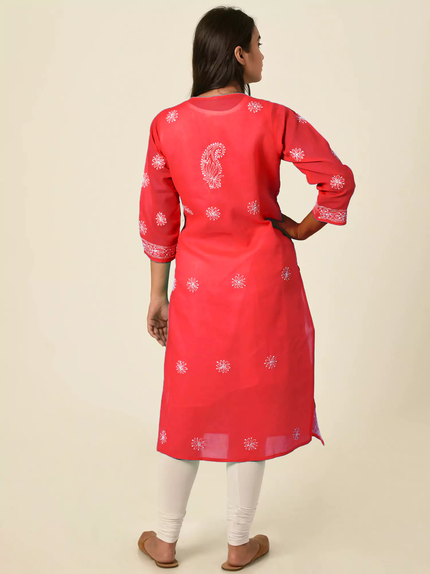 Lavangi Women Lucknow Chikankari Full Jall Red Cotton Kurti