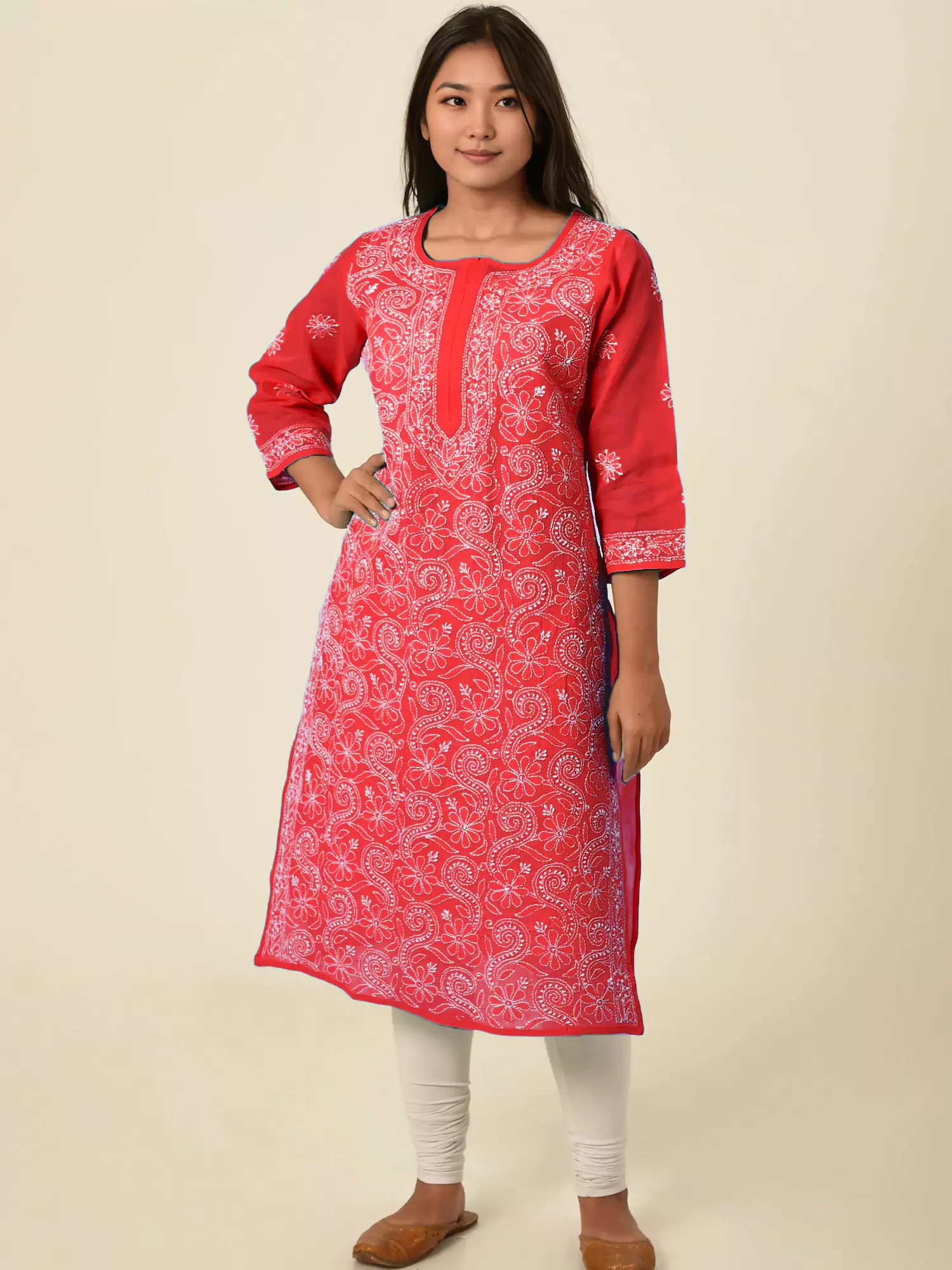 Lavangi Women Lucknow Chikankari Full Jall Red Cotton Kurti