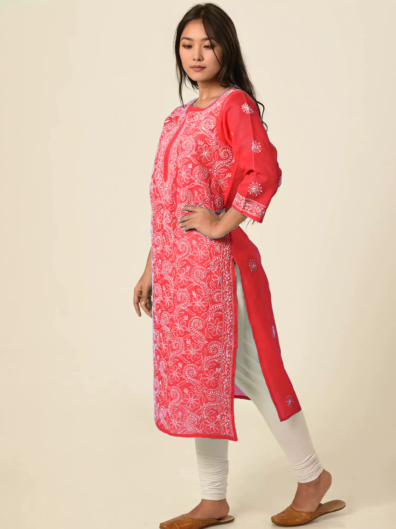 Lavangi Women Lucknow Chikankari Full Jall Red Cotton Kurti