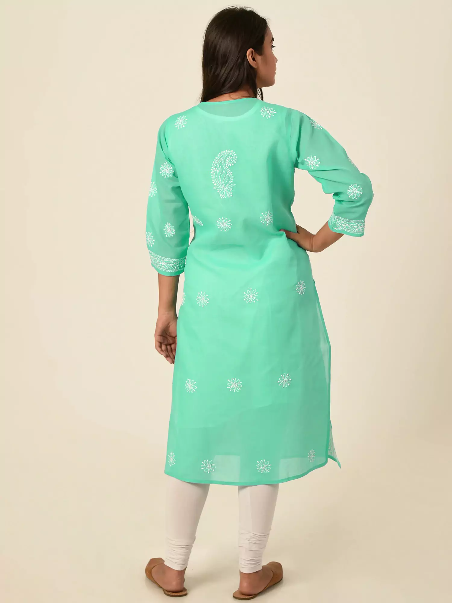 Lavangi Women Lucknow Chikankari Full Jall Sea Green Cotton Kurti