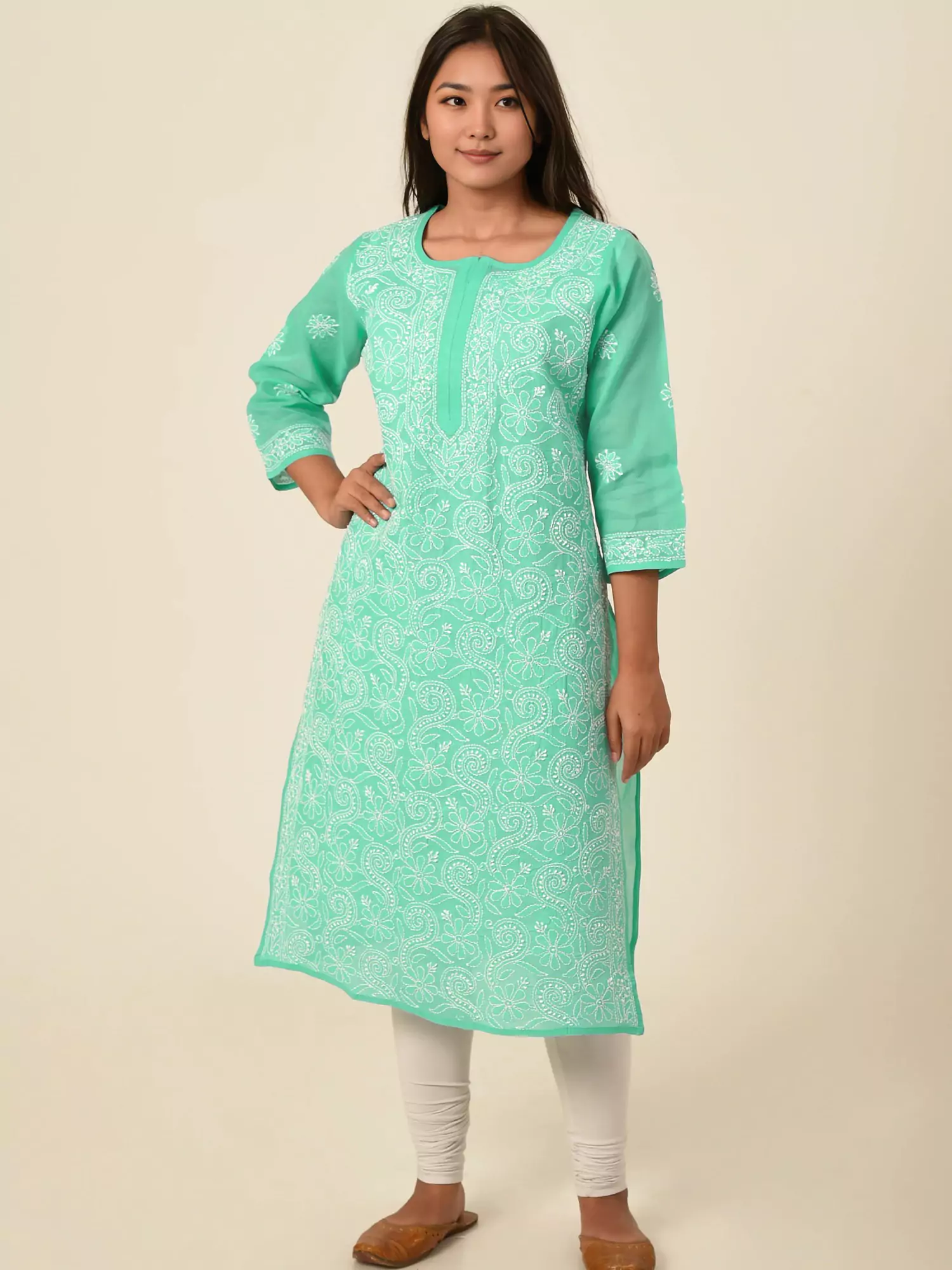 Lavangi Women Lucknow Chikankari Full Jall Sea Green Cotton Kurti