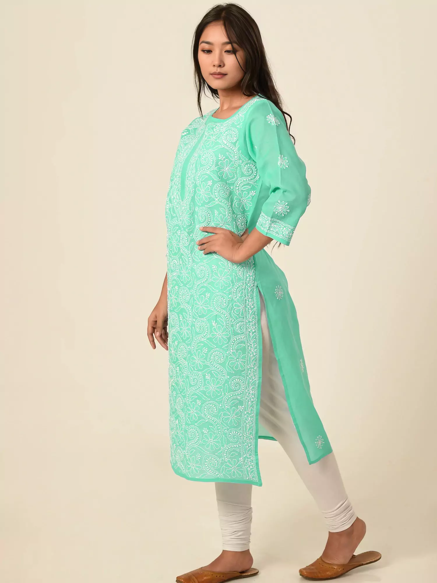 Lavangi Women Lucknow Chikankari Full Jall Sea Green Cotton Kurti