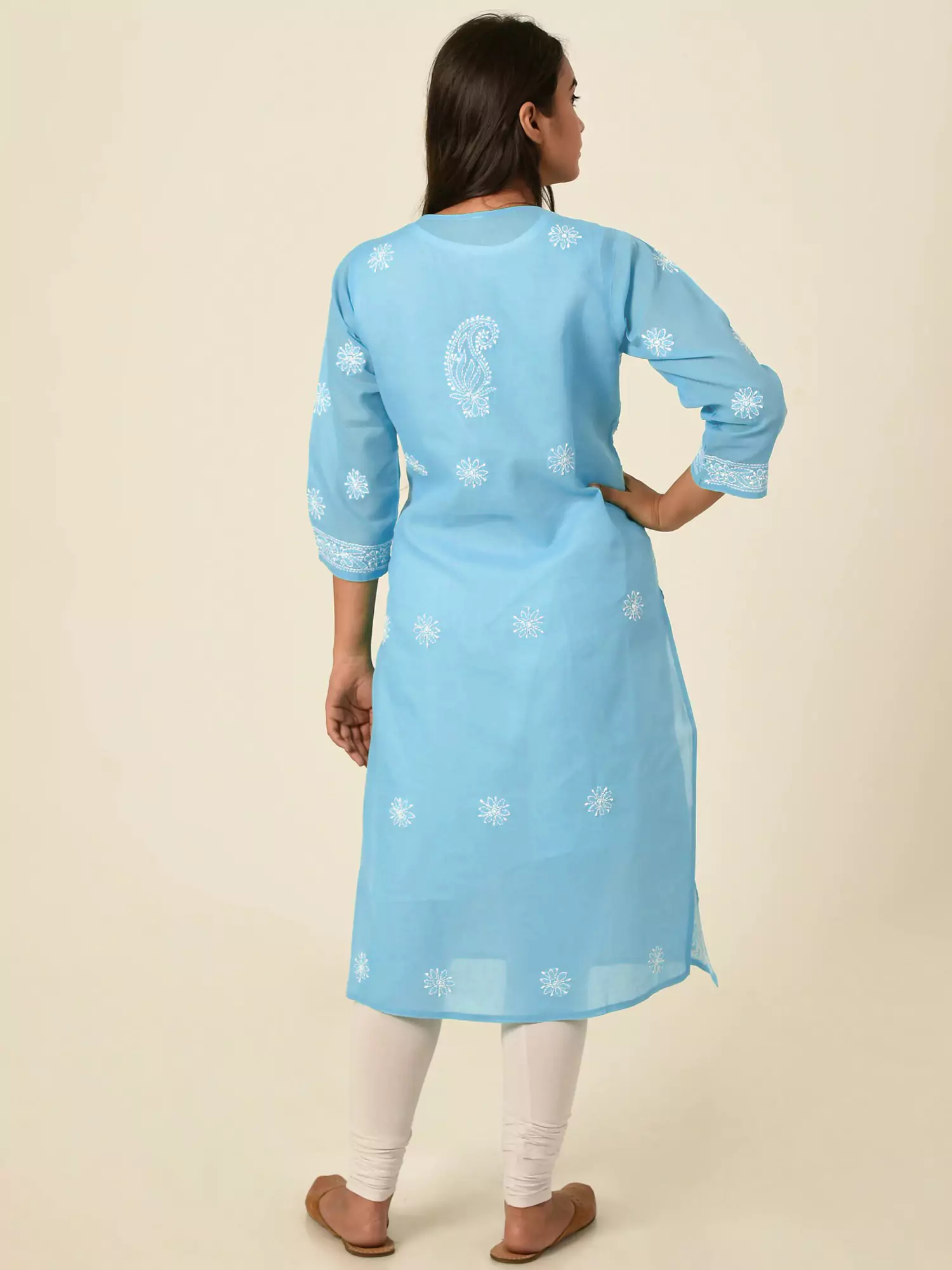 Lavangi Women Lucknow Chikankari Full Jall Sky Blue Cotton Kurti