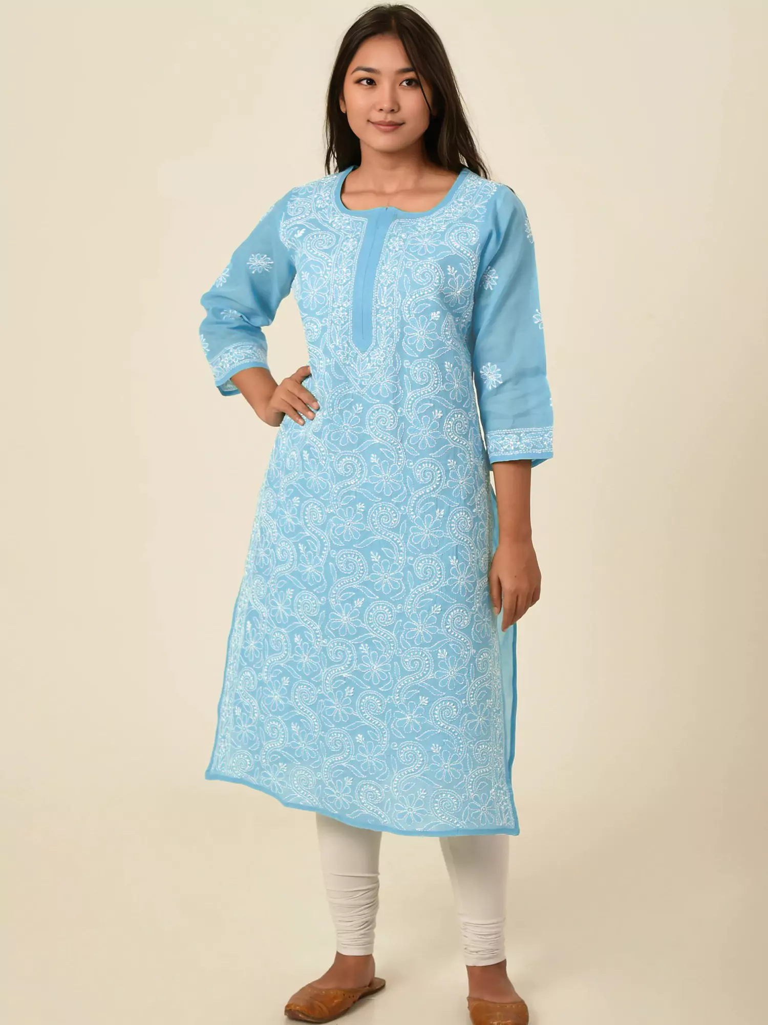 Lavangi Women Lucknow Chikankari Full Jall Sky Blue Cotton Kurti