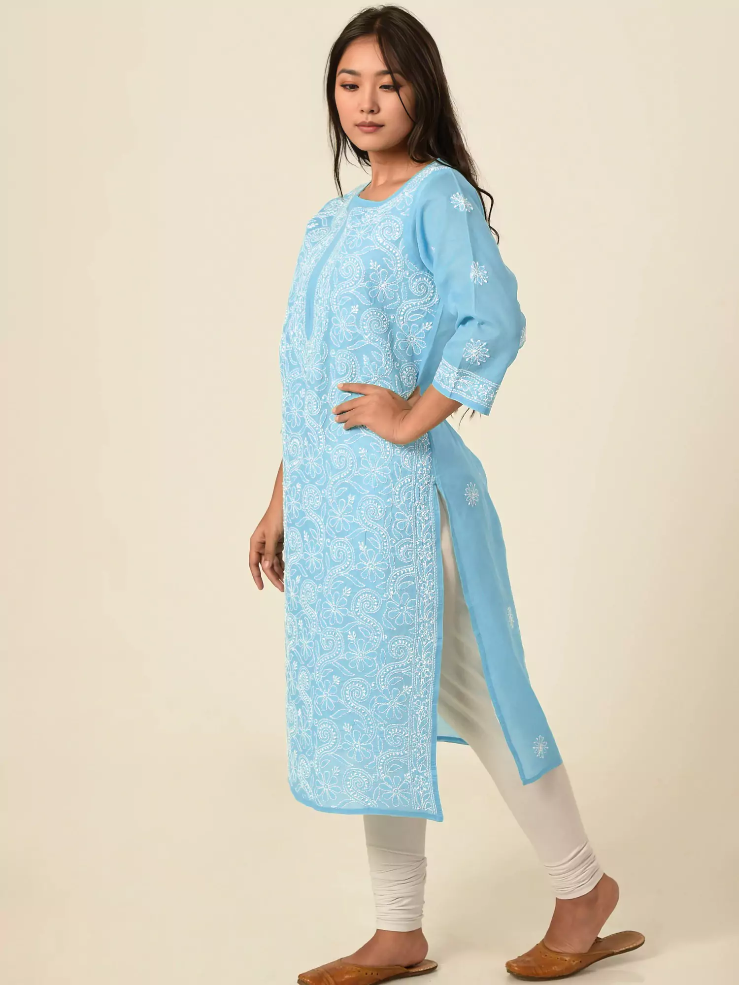 Lavangi Women Lucknow Chikankari Full Jall Sky Blue Cotton Kurti