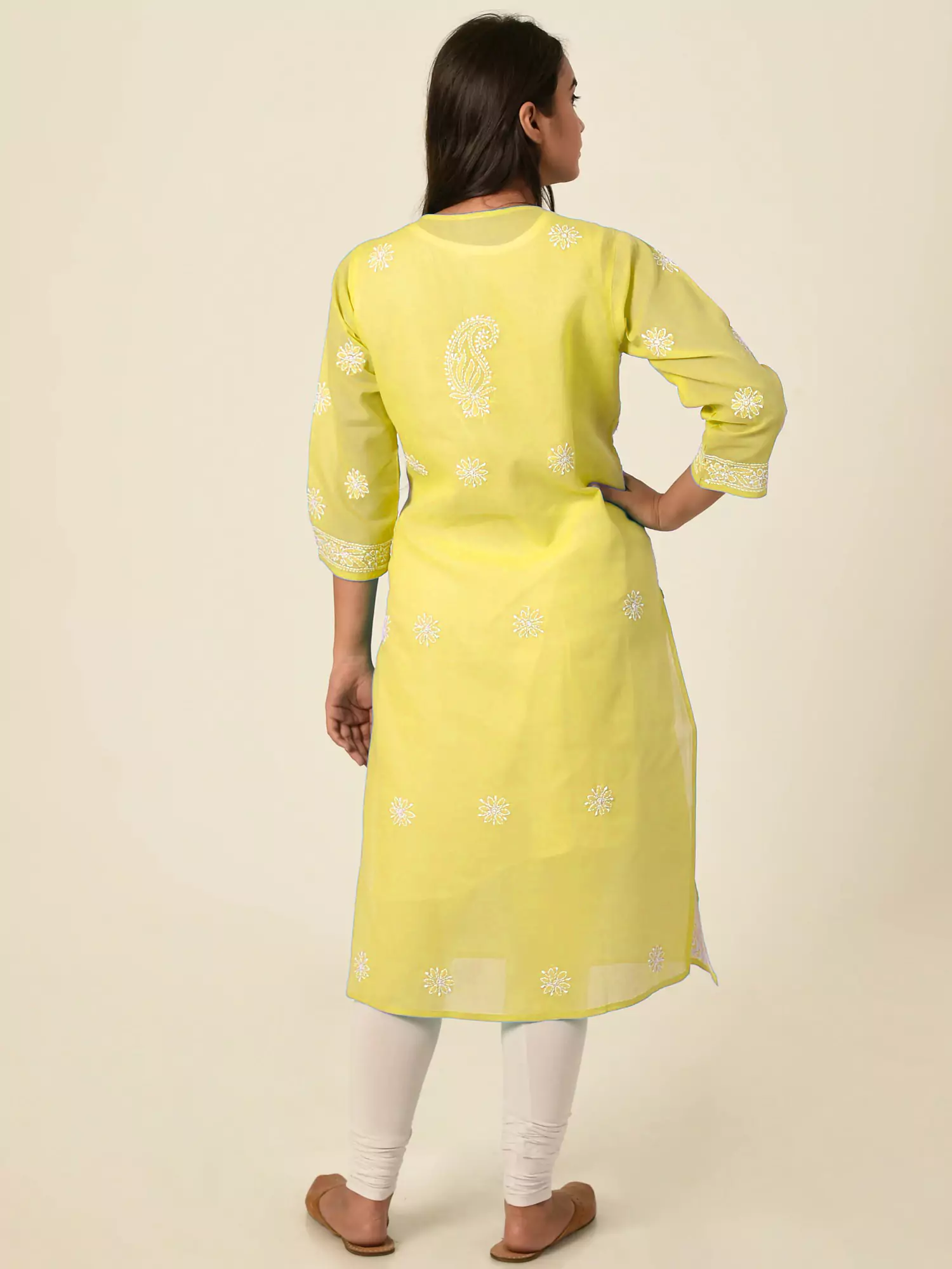 Lavangi Women Lucknow Chikankari Full Jall Yellow Cotton Kurti