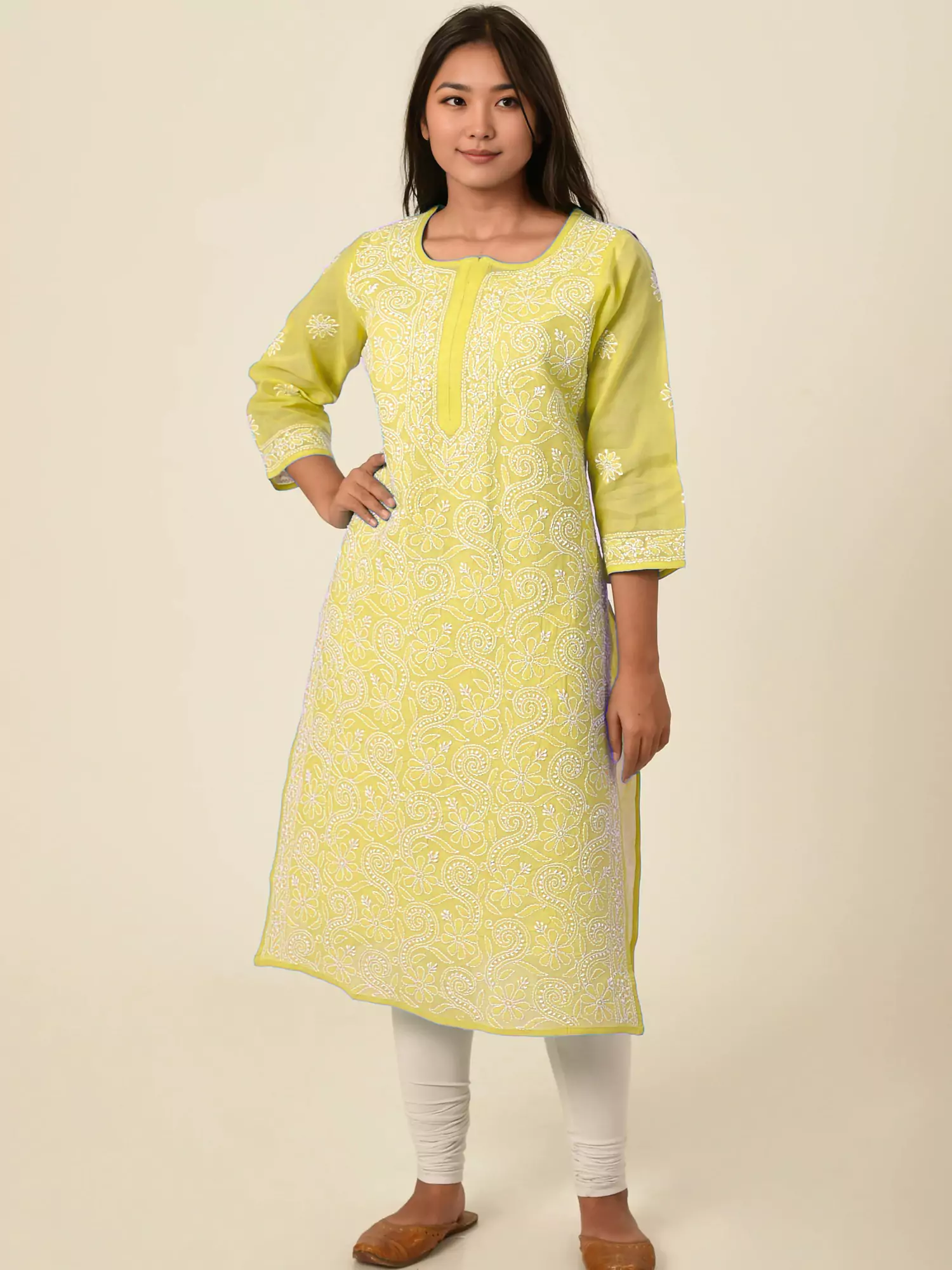 Lavangi Women Lucknow Chikankari Full Jall Yellow Cotton Kurti