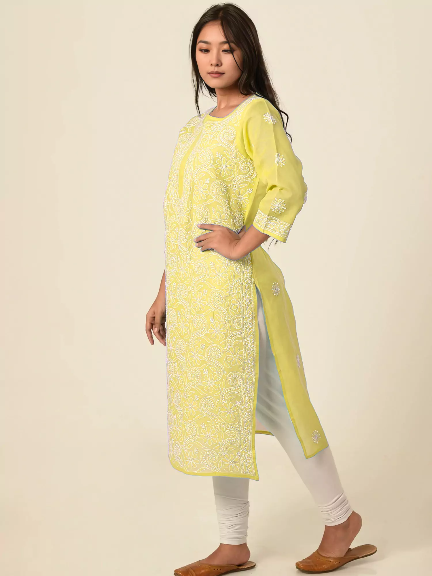 Lavangi Women Lucknow Chikankari Full Jall Yellow Cotton Kurti