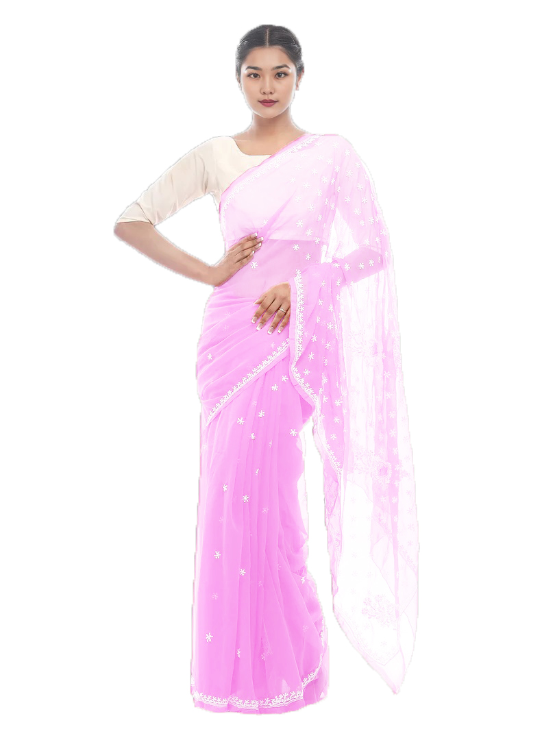 Lavangi Lucknow Chikankari Pink Semi Georgette Saree