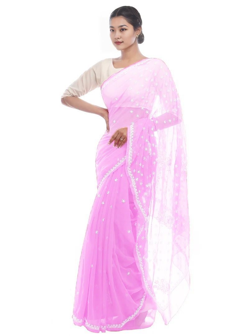 Lavangi Lucknow Chikankari Pink Semi Georgette Saree