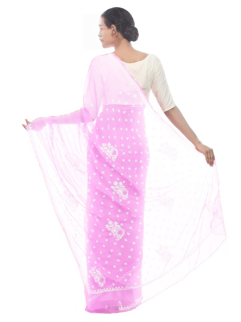 Lavangi Lucknow Chikankari Pink Semi Georgette Saree